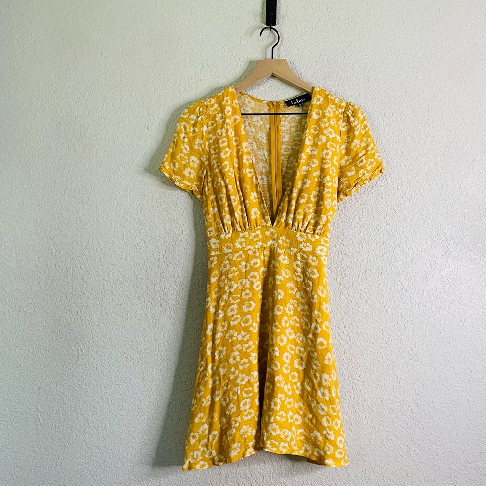 Lulus Yellow Print Plunge Neck Mini address